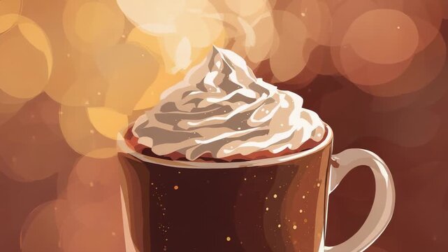 Heating drink in brown speckled mug, steam curling on warm bokeh, whipped cream swirling, sparkles