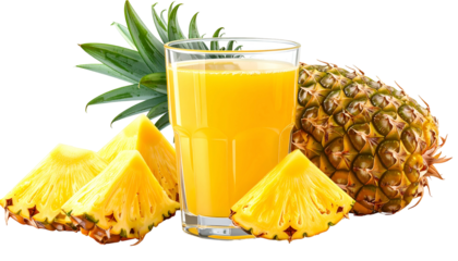 A vibrant composition featuring a glass of freshly squeezed juice, pineapple slices, and a whole, ripe fruit with green leafy top