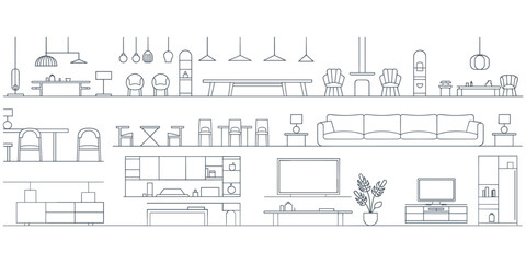 Furniture collection, home decor sketch, interior design elements, modern furnishings, living room layout, flat vector illustration, line art