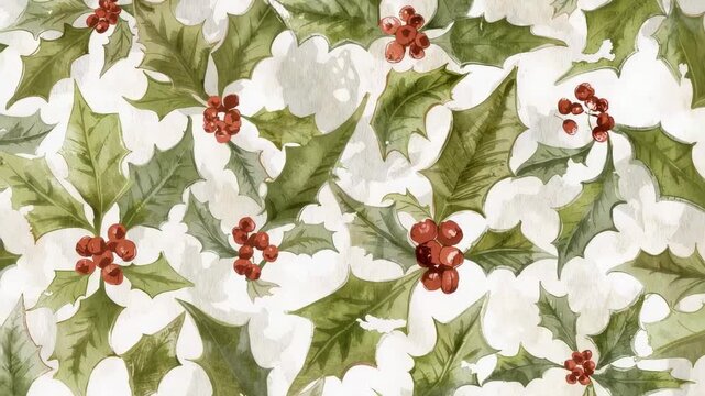 Panning watercolor holly print at closeup showing green leaves red berries white petals paper grain