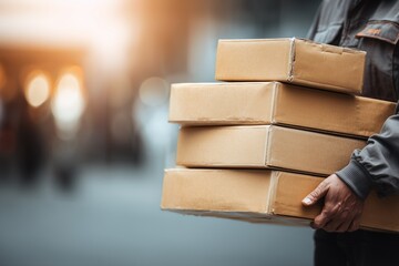 A person holding stacked cardboard boxes.