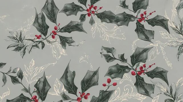 Panning camera capturing repeating holly pattern on muted grey fabric, revealing red berry clusters