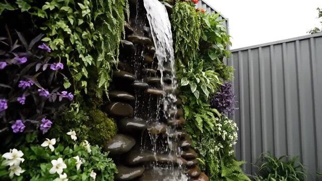 緑壁庭園の垂直パノラマ 水のカーテンと植物の楽園