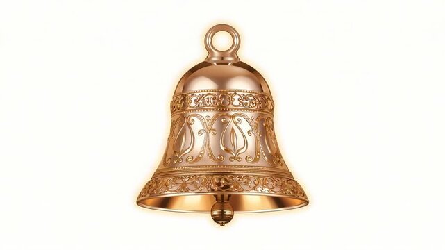 Rotating ornate golden bell in studio from small tap, clapper oscillating to show engraved patterns