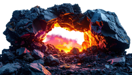 Volcanic Rock Archway with Glowing Hot Lava Interior and a Vibrant Sunset Sky Beyond against a dark background