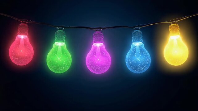 Pulsing glittered bulb string cycling light across dark studio, on timer for rhythmic glow