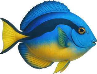 A vibrantly colored fish with captivating blue and yellow hues is featured, presented with detailed artistry