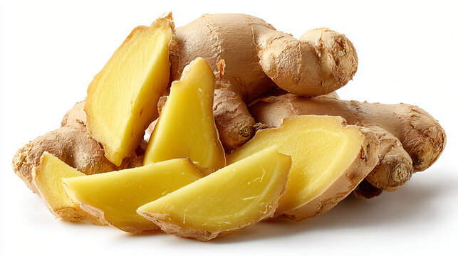 Ginger root with peeled sliced pieces, Raw ginger spice ingredient close up