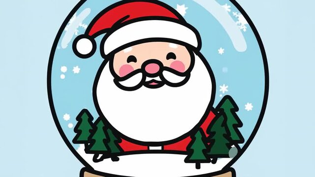 Zooming camera showing Santa inside snow globe on pale blue field revealing red hat and coat
