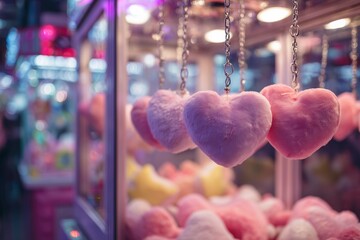 Heart shaped plush toys hanging inside a claw machine.