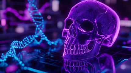 A vivid purple human skull with detailed glowing textures represents digital science and human anatomy, blending neon light, medical research technology concepts in a high-tech futuristic environment