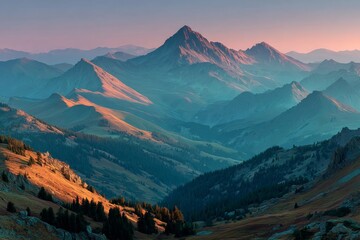 The first light of dawn touches mountain peaks. Generative AI