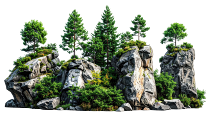 Rocky islet with trees and shrubs against black backdrop, detailed texture and natural composition