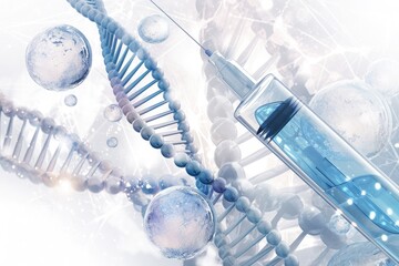 syringe with liquid and DNA double helix on light blue and white background for medical science concept
