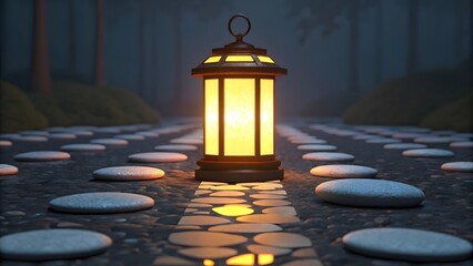 An antique lantern casting a warm glow on a path lined with smooth stones in a mysterious forest.