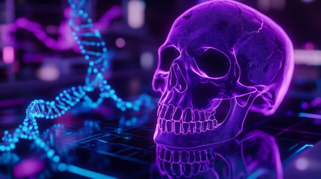A vivid purple human skull with detailed glowing textures represents digital science and human anatomy, blending neon light, medical research technology concepts in a high-tech futuristic environment - Powered by Adobe