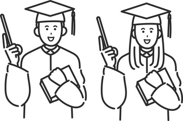 アカデミックレガリアを着て指示棒を持つ男女のイラスト素材セット　線画のみ