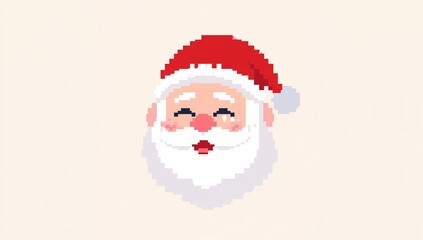 Smiling pixel-art Santa Claus head glowing on plain light beige background, showing red hat