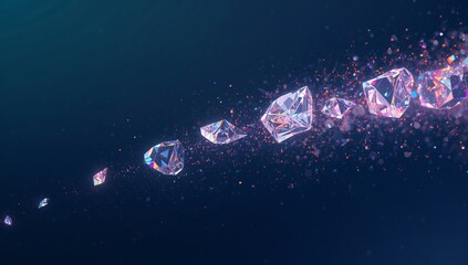 Floating faceted crystal chain moving across deep teal navy gradient, showing prismatic reflections