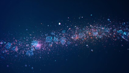 Flowing diagonal stream of faceted fragments sweeping across navy studio, with bokeh sparkles