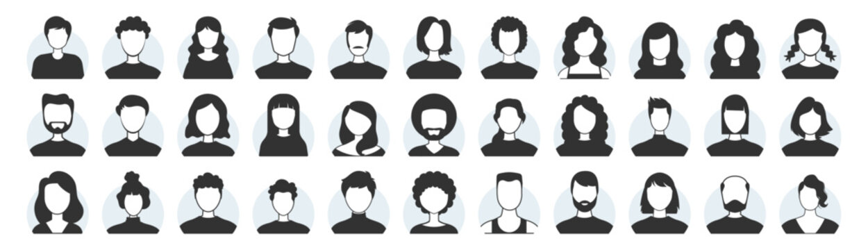Avatar profile icons vector user silhouette head face person people portrait set round circle vector graphic design for social network and interface on transparent background