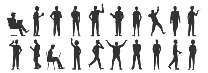 People silhouettes casual men standing walking talking with devices modern lifestyle vector illustration on transparent background