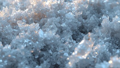 Catching low-angle sunlight, centered cluster of translucent ice crystals sparkling on frost