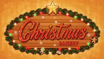 Displaying pixel-art oval wooden sign on slats, showing red Christmas script, BAKERY text, garland