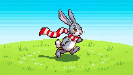 Running gray rabbit sprinting across grassy hill, with red-and-white scarf, green shadow, pixel sky