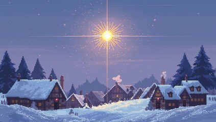 Glowing radiant star casting soft light over twilight winter village with wooden cottages, chimneys