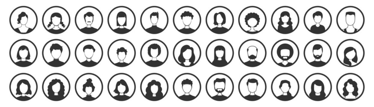 Avatar profile icons vector user silhouette head face person people portrait set round circle vector graphic design for social network and interface on transparent background