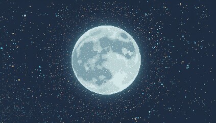 Obraz premium Glowing pixel-art full moon dominating night sky, showing pale cyan shading, halo, stars