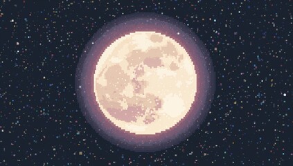 Glowing pixel-art full moon showing pixelated maria and halo in dark navy sky, with colorful stars