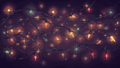 Displaying pixelated string lights glowing across dark purple panel, with wires, colored bulbs