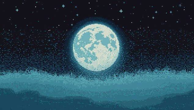 Glowing pixel full moon centering night sky over teal mist, pixel stars, cross sprites and dither