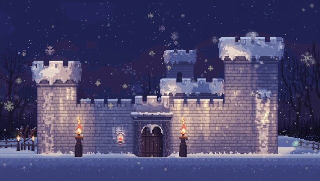 Standing snow covered stone castle glowing by torches at night with wooden gate, falling snow