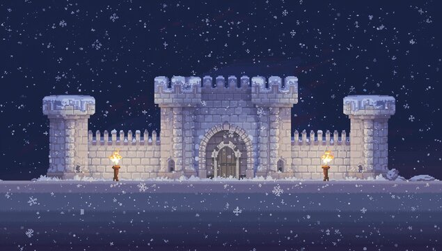 Standing stone fortress filling center at night with arched wooden gate, lit torches, falling snow