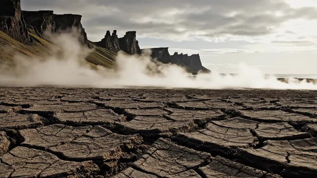 Exploring Harsh Landscapes Revealing Cracked Earth and Misty Cliffs