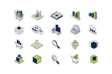 isometric business analytics and e-commerce shopping data icons