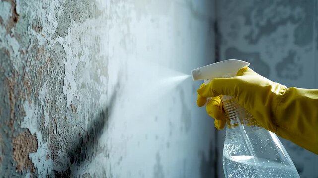 Professional mold removal with disinfectant spray and protective glove cleaning damp interior wall for hygiene and safety