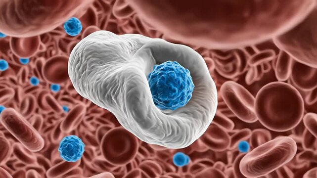 High-detail medical animation showing white blood cells actively detecting, surrounding, and engulfing invading pathogens inside the bloodstream.
