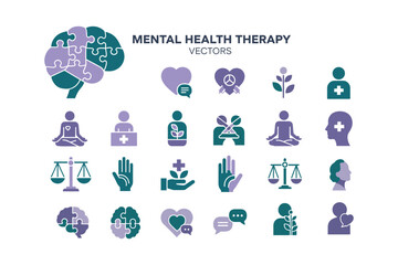 mental health therapy and psychology flat vector icons set
