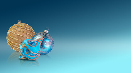 Holiday greeting card with colorful decorations for New Year and Christmas celebrations featuring shiny ornaments