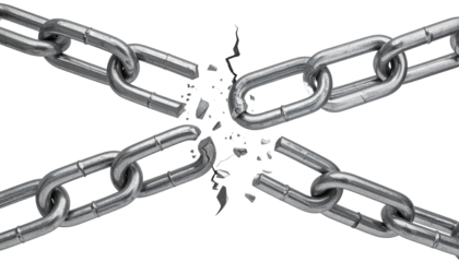 Crossed metal chains are broken in the middle, against a black background, signifying freedom