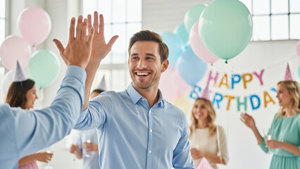 Man giving high five with a bright smile at a festive birthday celebration