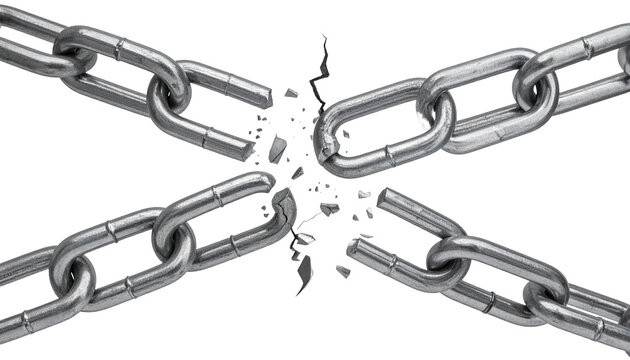 Crossed metal chains are broken in the middle, against a black background, signifying freedom