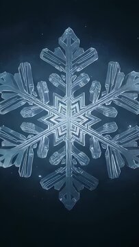 Vertical video: Playback 3D snowflake turning face to edge and back, showing detail, dark gradient