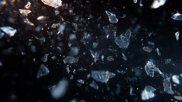 Dynamic abstract explosion of broken glass fragments creating powerful impact. chaotic motion of shattering shards against stark black background
