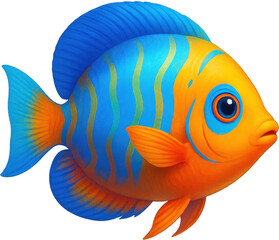 Vibrant illustration of a tropical fish with striking colors, showcasing intricate details. The fish features a combination of orange, blue and yellow hues.