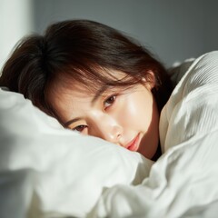 Beautiful young Asian woman lying in white bed looking at camera under soft morning sunlight